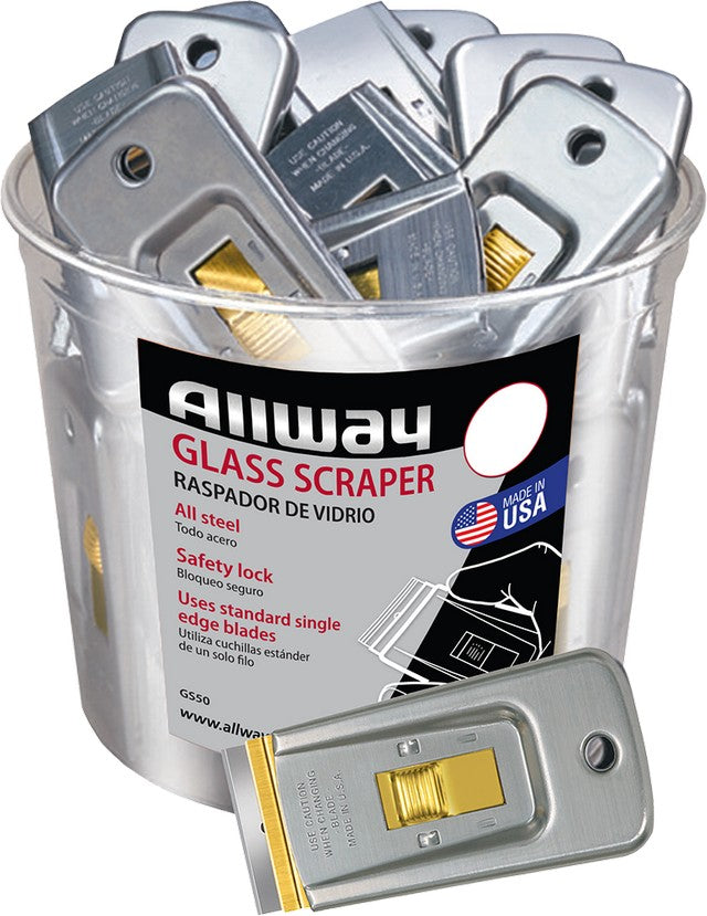 Clear bucket filled with Allway glass scrapers on a white background