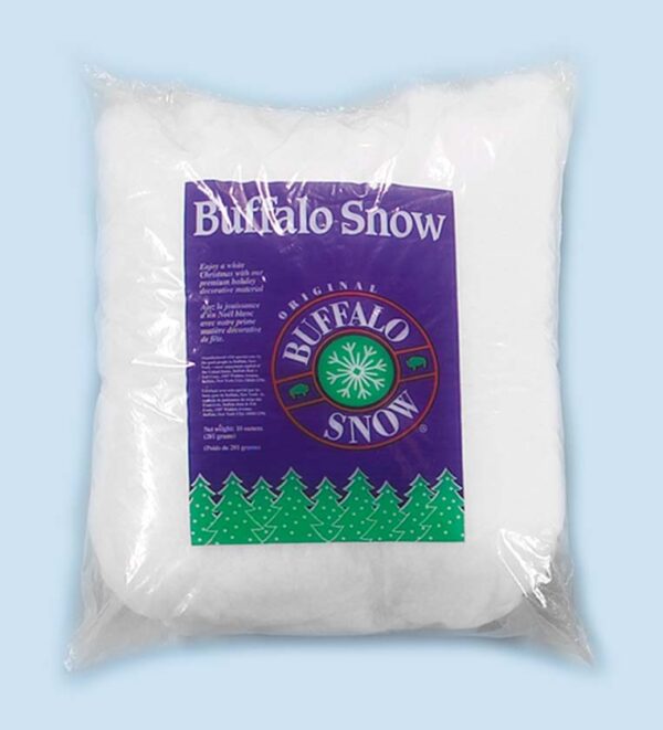 Bag of artificial snow with 'Buffalo Snow' packaging on a light blue background