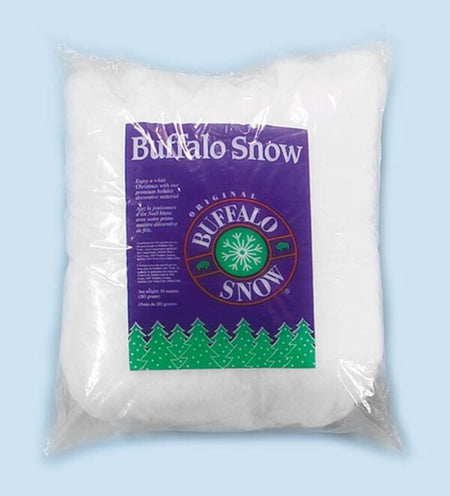Bag of artificial snow with 'Buffalo Snow' packaging on a light blue background