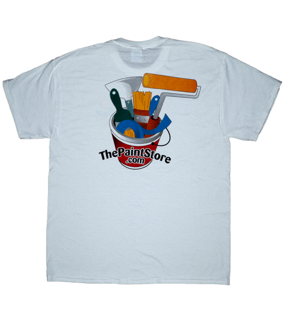 Back of a white t-shirt with a graphic of a paint bucket and tools, featuring 'The Paint Store.com' logo.