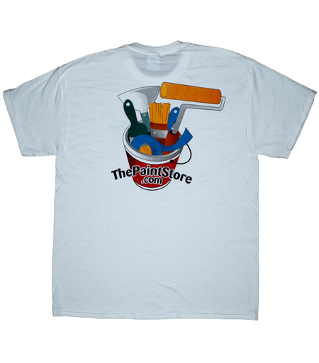 Back of a white t-shirt with a graphic of a paint bucket and tools, featuring 'The Paint Store.com' logo.