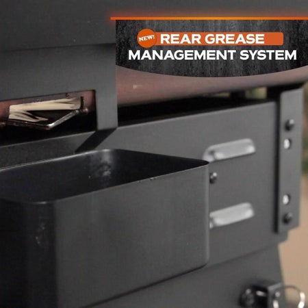 Rear grease trap of the Blackstone Original 1 Burner Liquid Propane Tabletop Outdoor Griddle