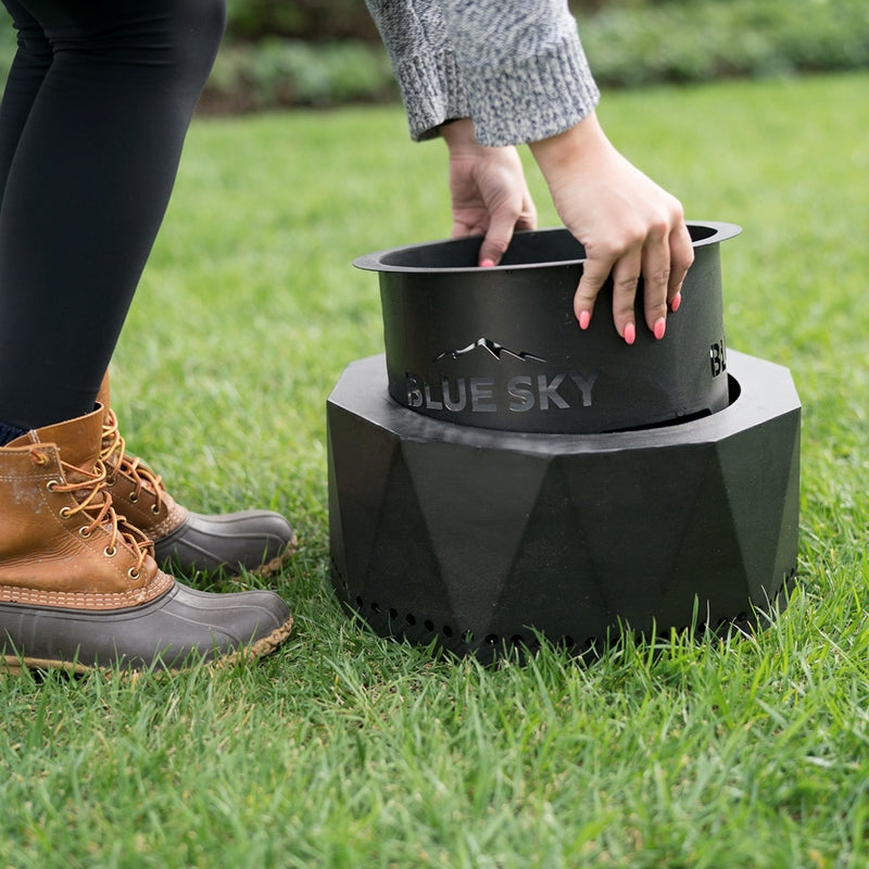 Blue Sky 15.76 in. W Steel Round Wood Pellets Fire Pit PFP1513 shown on a lawn