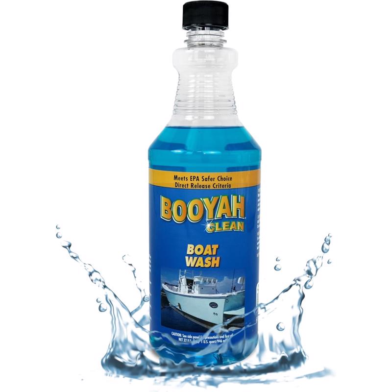 Bottle of Booyah Clean Boat Wash with water splashes on a white background