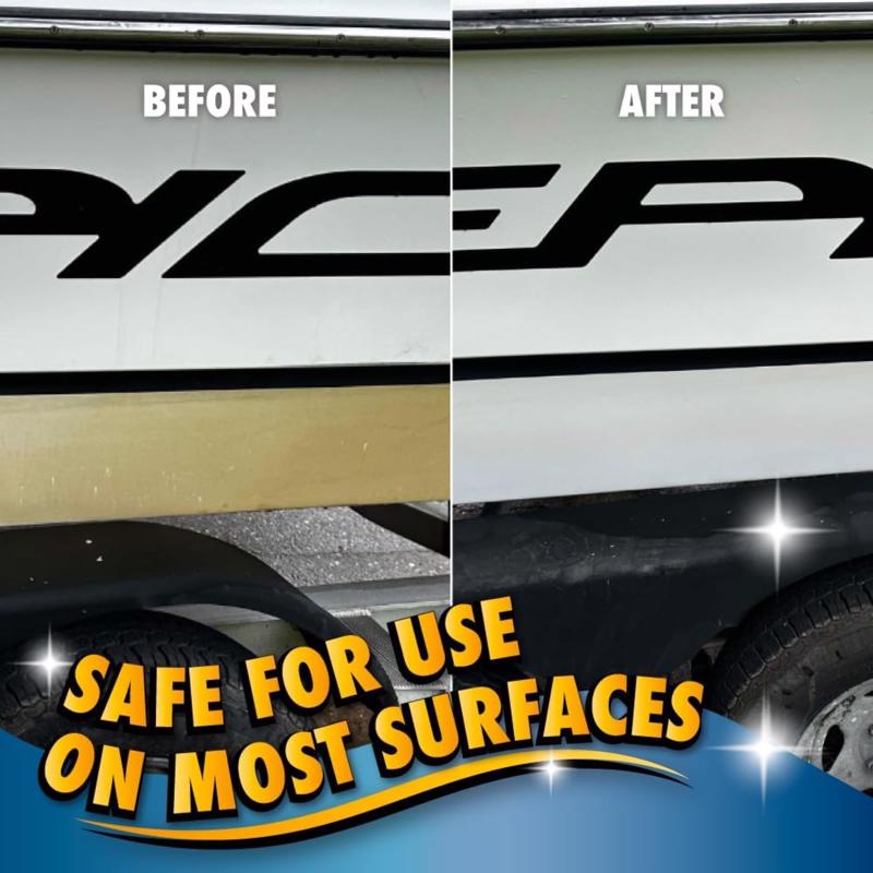 Before and after comparison of a boat, showing the product's effectiveness on various surfaces.