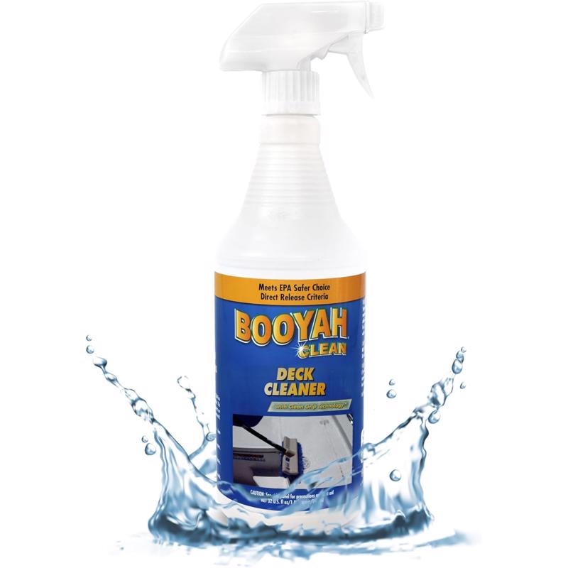 Booyah Deck Cleaner spray bottle with water splashes on a white background