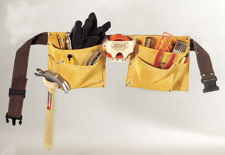 CLC 8-Pocket Leather Work Apron shown on a belt holding tools.
