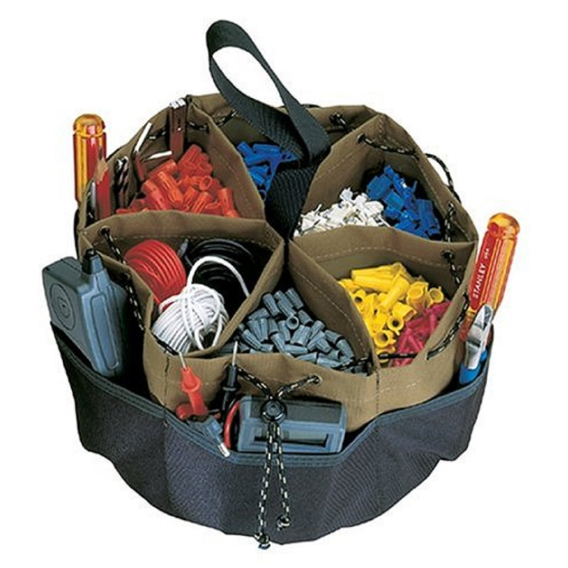 Organized tool bag with various tools and materials on a white background