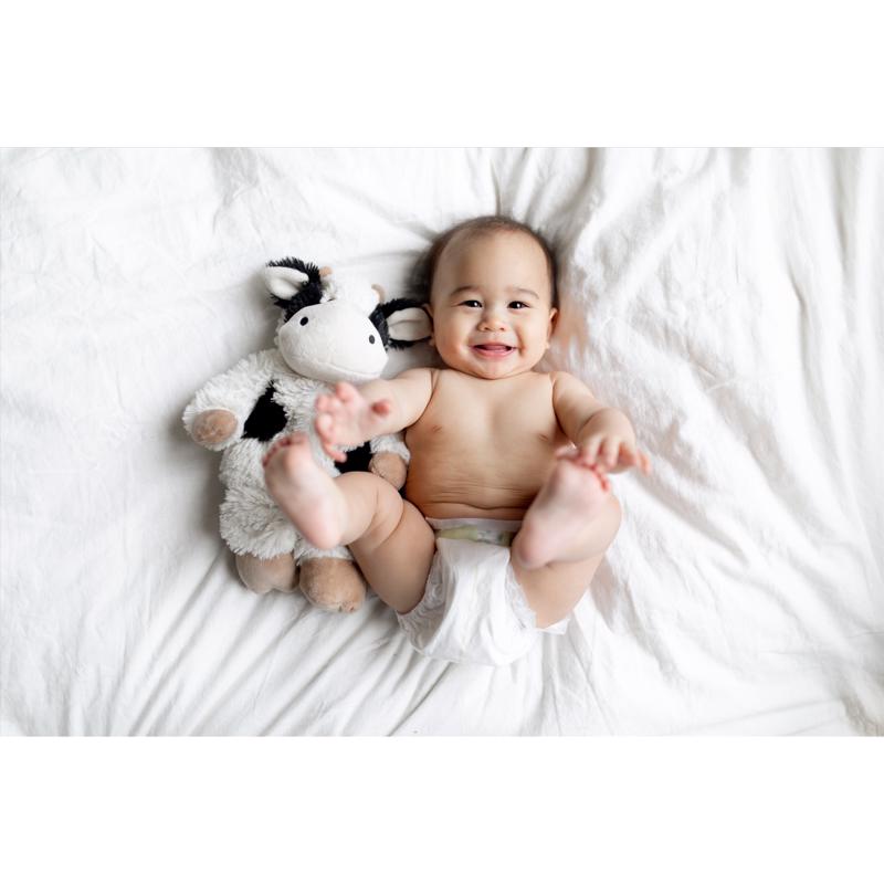Baby holding a Warmies CP-COW-3 Black & White Stuffed Cow toy on a white blanket