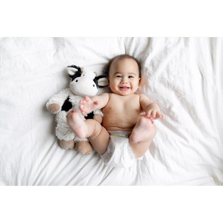 Baby holding a Warmies CP-COW-3 Black & White Stuffed Cow toy on a white blanket