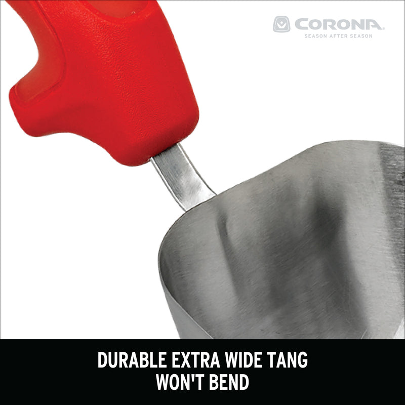 Corona ComfortGel 13.25 in. Stainless Steel Garden Hand Scoop close up of where the handle attaches to the scoop.