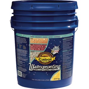 Blue 5 gallon bucket of Cabot waterproofing product on a white background