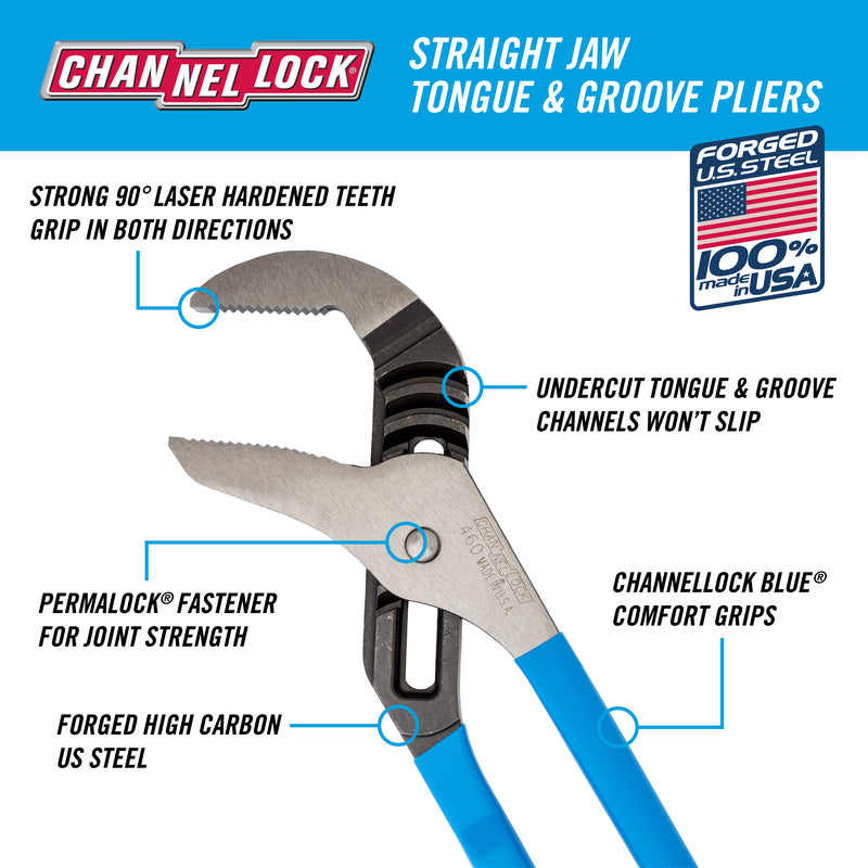 Channellock 16" Straight Jaw Tongue & Groove Pliers 460 product features infographic