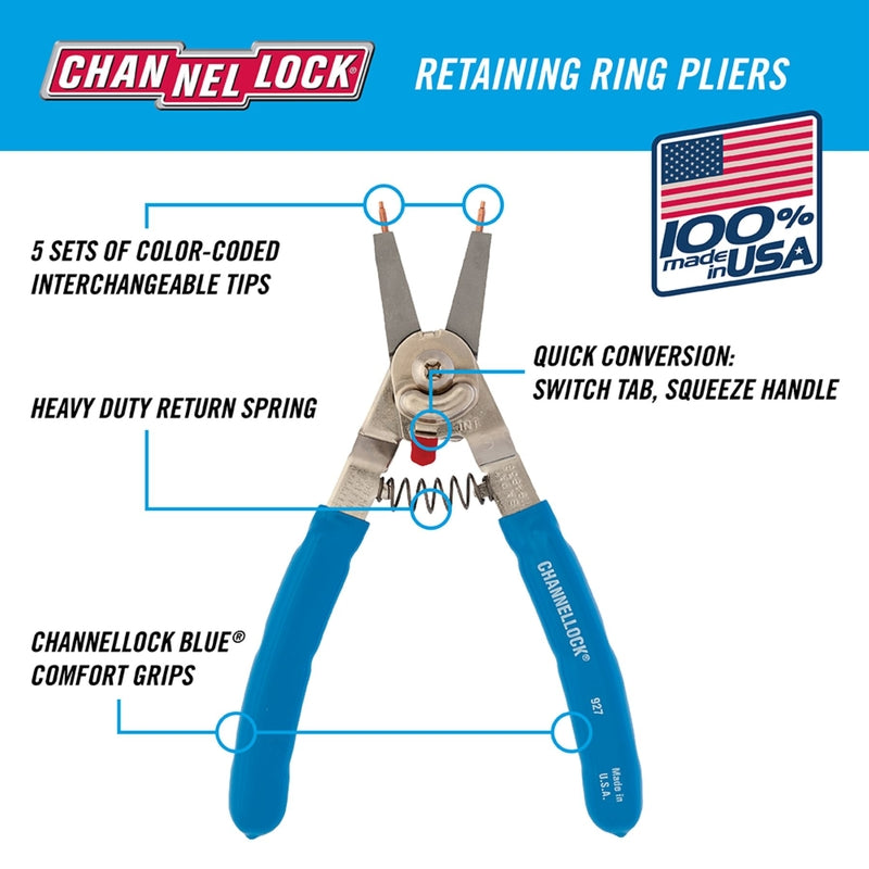 Channellock 8" Convertible Retaining Ring Pliers 927 product features infographic