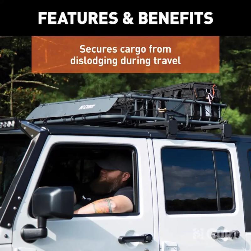 Curt Black Adjustable Cargo Net shown securing cargo to the roof of a truck.