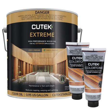 Cutek Extreme high performance wood oil packaging with two tubes of Colortone on a white background