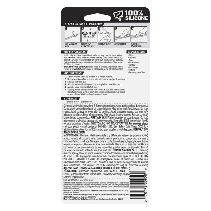 DAP White Kitchen & Bath 100% Silicone Sealant 2.8 Oz 00950 back label