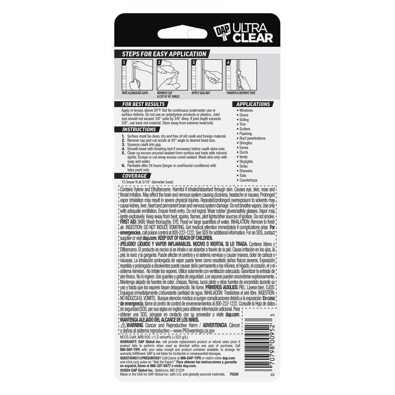 DAP 00952 Ultra Clear Roof Waterproof Rubberized Sealant 2.8 Oz back package label
