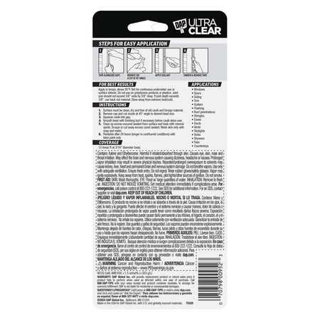 DAP 00952 Ultra Clear Roof Waterproof Rubberized Sealant 2.8 Oz back package label