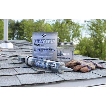 DAP Ultra Clear Roof Waterproof Rubberized Sealant group of sizes on a roof