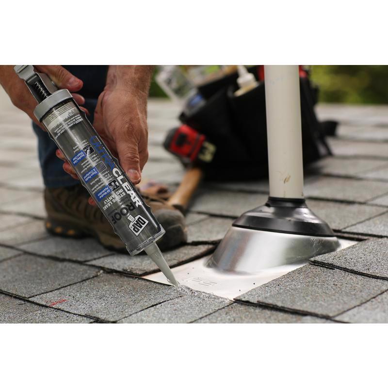 DAP Ultra Clear Roof Waterproof Rubberized Sealant being applied around a roof vent