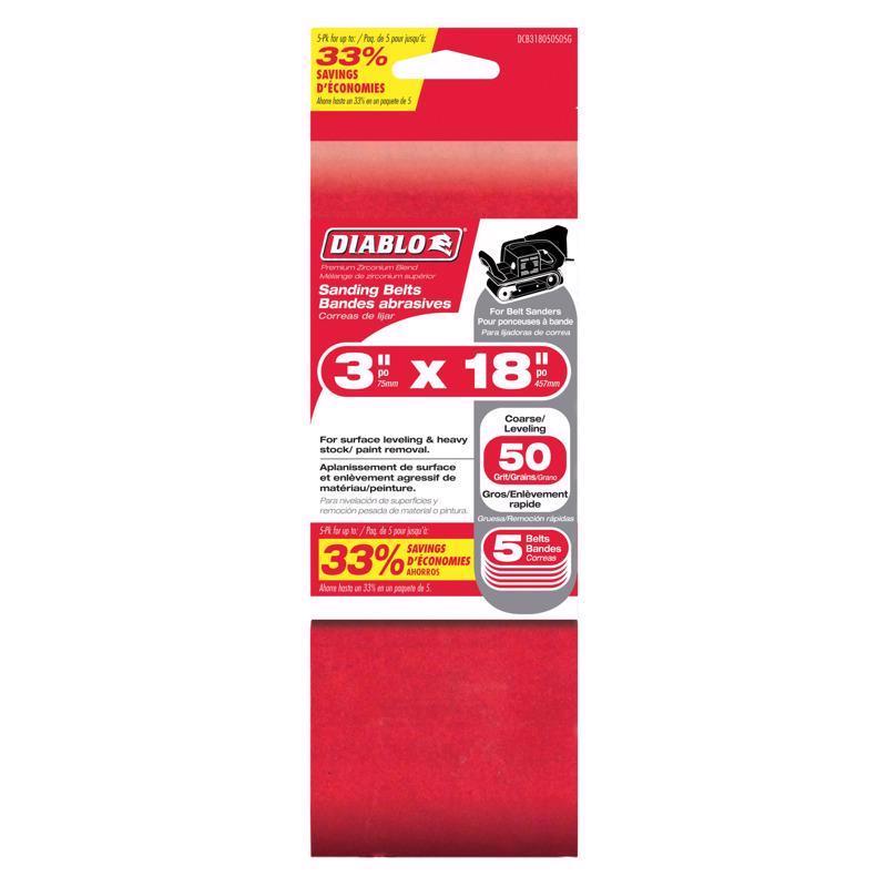 Diablo sanding belt 50 grit packaging with red sanding belt on a white background