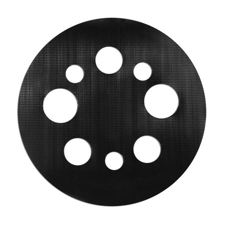 Round black sanding disc with multiple holes on a white background