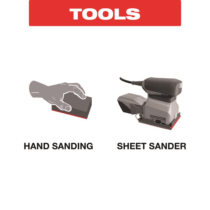 Illustration of a hand sanding block and sheet sander with 'TOOLS' at the top.