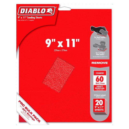 Red packaging of Diablo sanding sheets with size 9" x 11" and grit 60 on a white background.