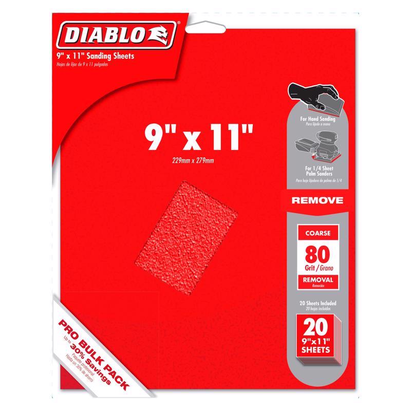 Red packaging of Diablo sanding sheets with size 9" x 11" and 80 grit details.