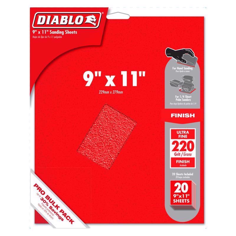 Red packaging of Diablo 220 grit sanding sheets with product details on a white background
