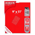 Red packaging of Diablo 220 grit sanding sheets with product details on a white background