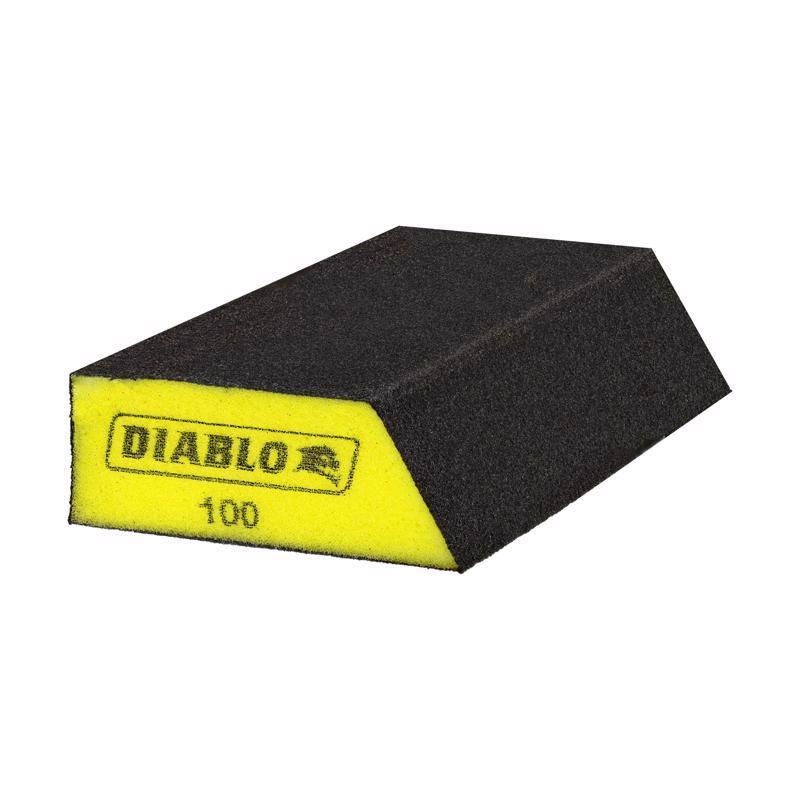Black and yellow Diablo sanding sponge on a white background