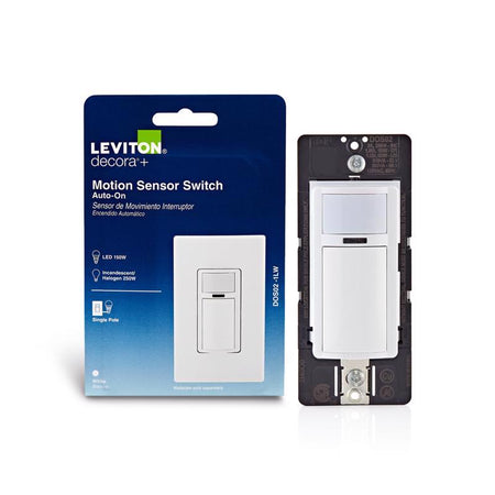 Leviton Decora motion sensor switch packaging and switch on a white background