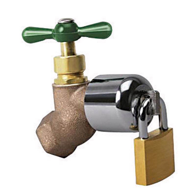 Brass valve with a green handle and a gold lock on a white background