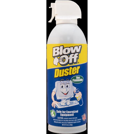 Blow Off duster can with a cartoon character on a white background