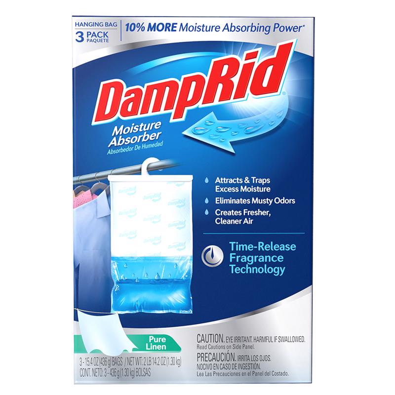 A box of DampRid Hanging Moisture Absorbers with a blue and white color scheme featuring the product bag and information about the product's ability to attract and trap moisture.