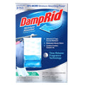 A box of DampRid Hanging Moisture Absorbers with a blue and white color scheme featuring the product bag and information about the product's ability to attract and trap moisture.