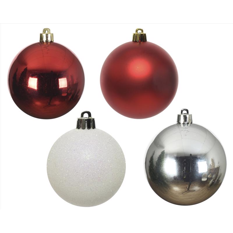 Four red, silver, and white Christmas ornaments on a white background