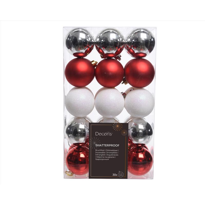 Pack of red, silver, and white Christmas ornaments with Decoris branding.
