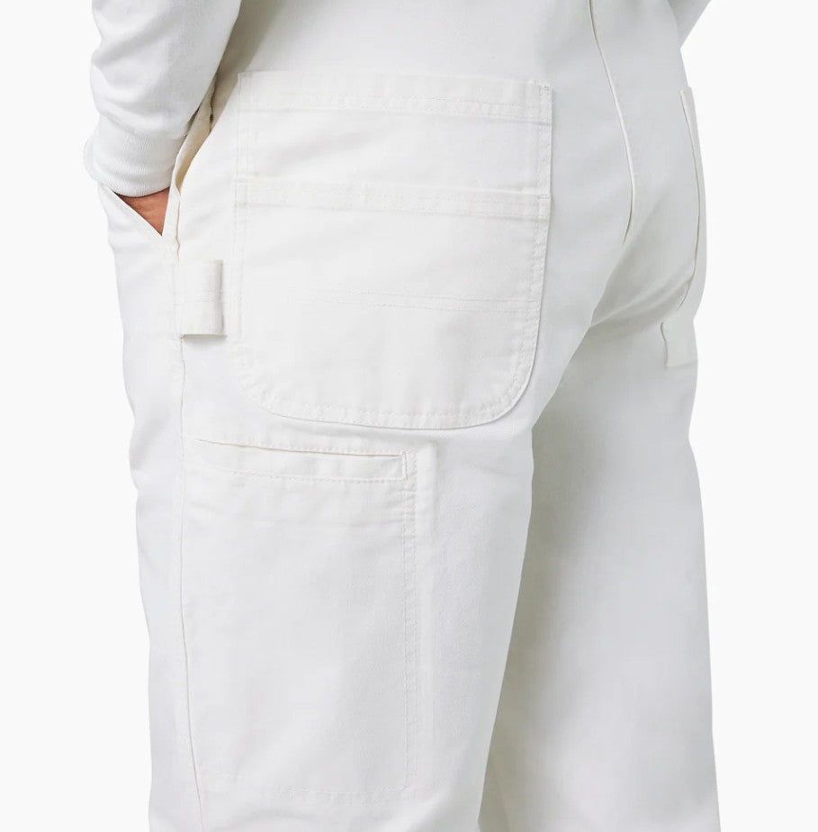 Dickies White Painter Bib Overalls Relaxed Fit with a pocket detail on a white background