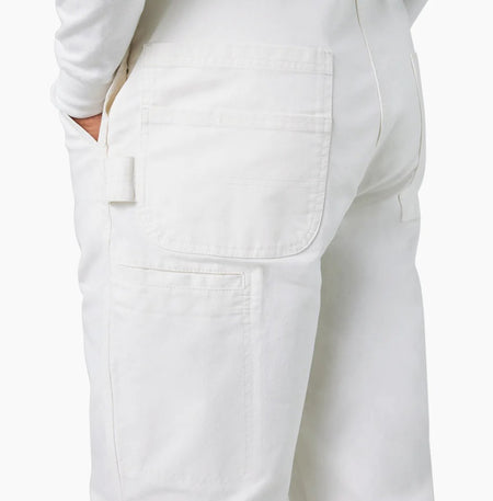 Dickies White Painter Bib Overalls Relaxed Fit with a pocket detail on a white background
