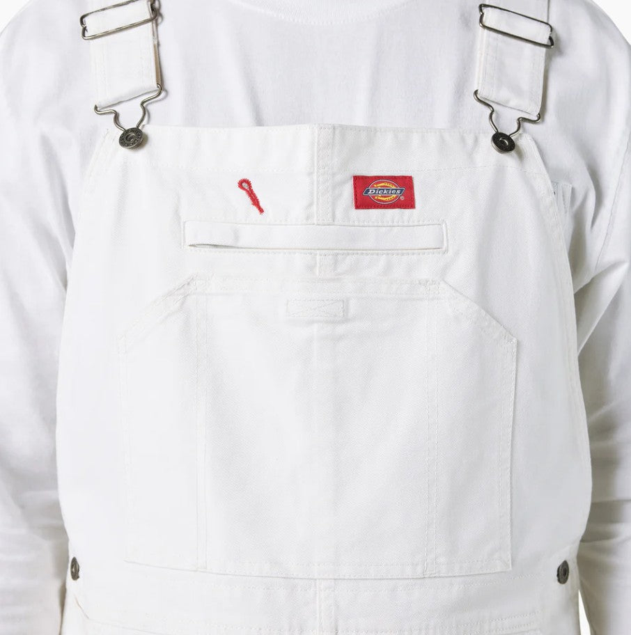 Dickies White Painter Bib Overalls Relaxed Fit with a Dickies logo on the pocket against a white background