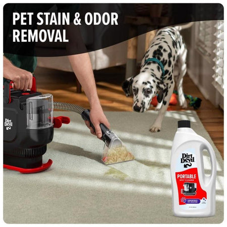 Dirt Devil Portable Spot Cleaner Concentrated Pet Solution being used to remove pet stain from carpet.