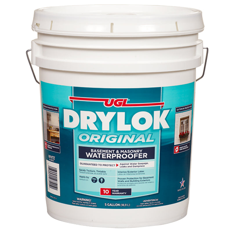 UGL Drylok Original waterproofing product in a white 5 gallon bucket on a white background