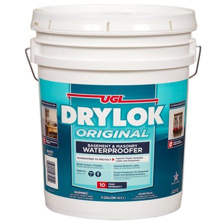 UGL Drylok Original waterproofing product in a white 5 gallon bucket on a white background