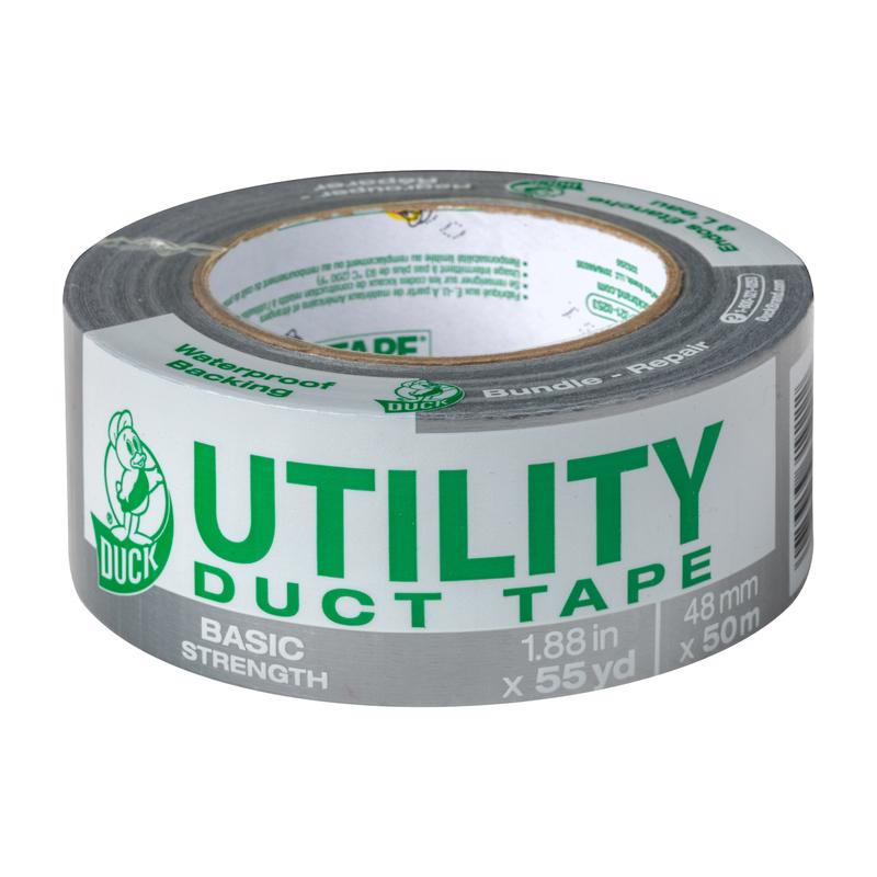 A roll of packaged Duck Brand Gray Utility Duct Tape on a white background.