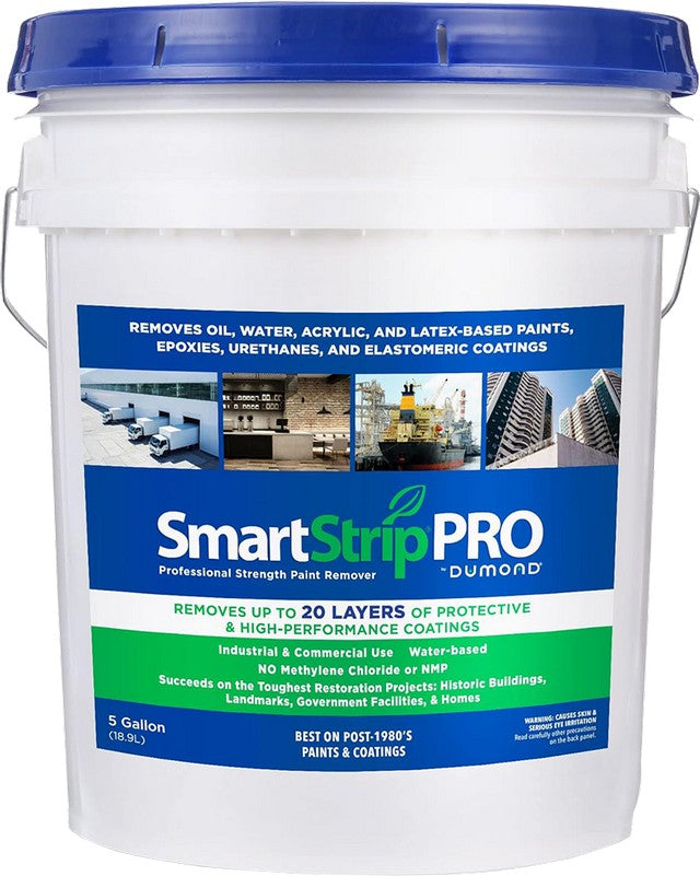 White 5 gallon bucket with blue lid labeled 'SmartStrip PRO' paint remover on a white background