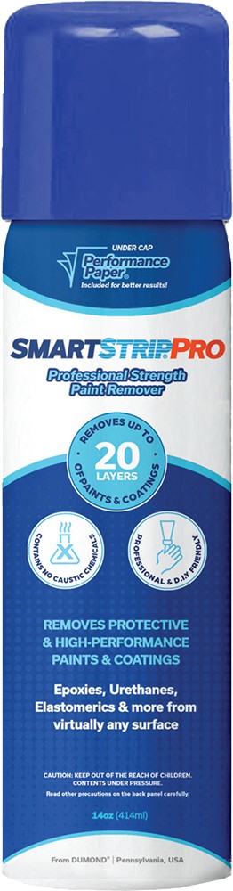 Smart Strip Pro spray can with blue and white design on a white background