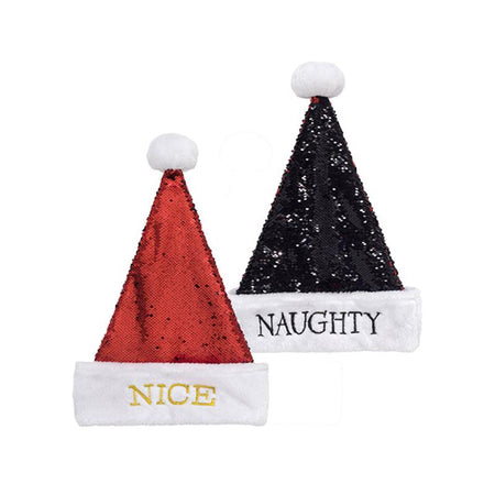 Two sequin Santa hats, one red with 'Nice' and one black with 'Naughty', on a white background.